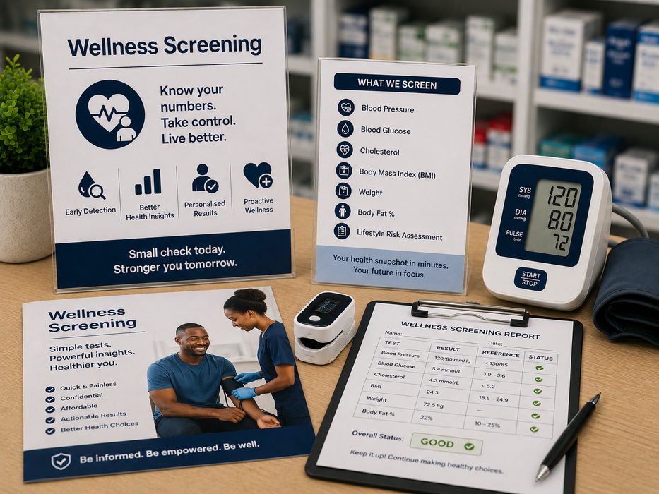 Wellness screening including blood pressure, glucose and cholesterol checks