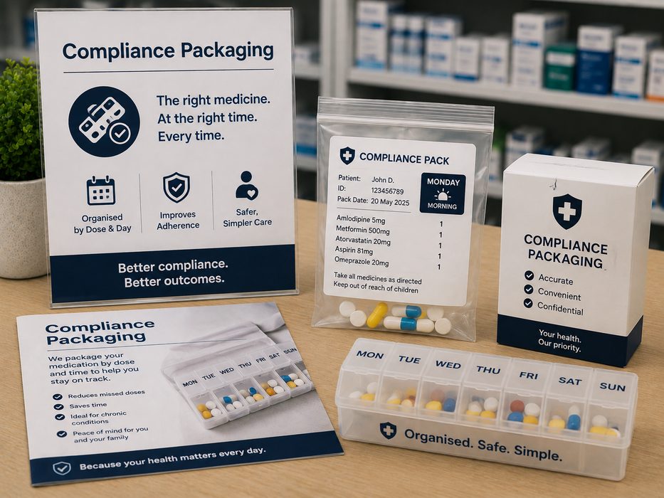Medication compliance packaging organised by dose and day